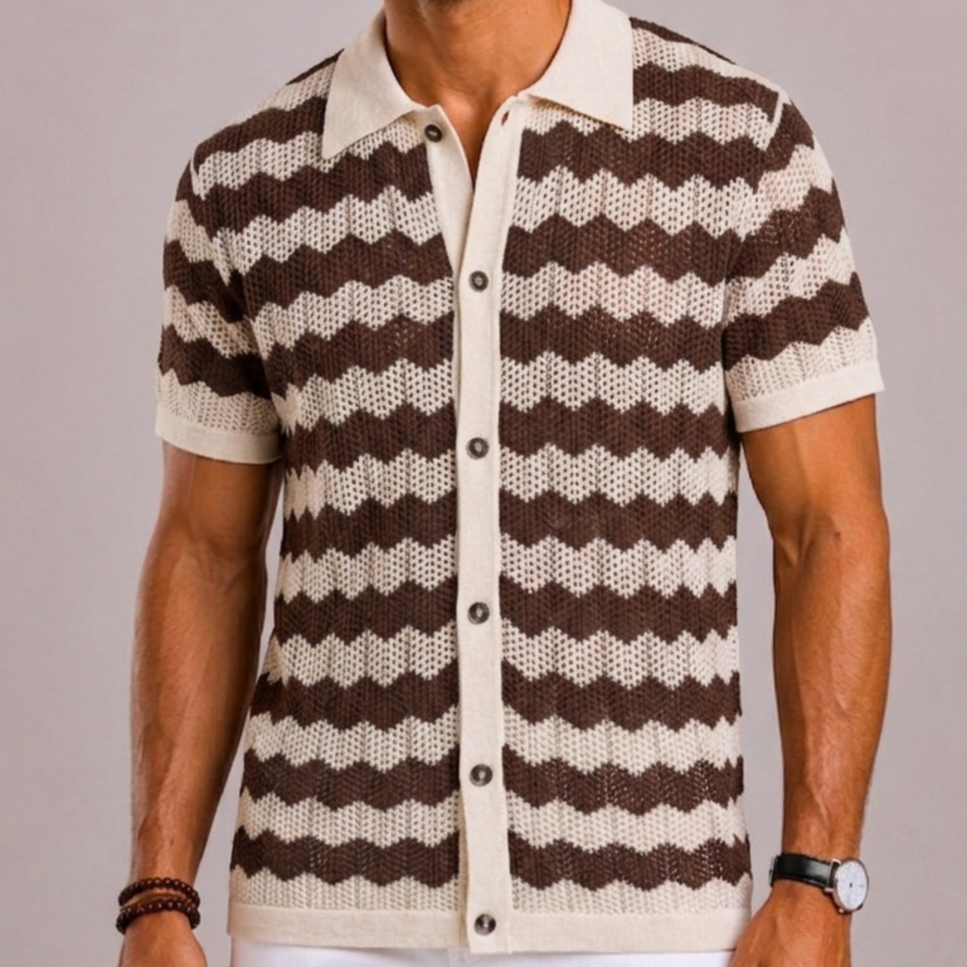 Polo In Maglia Traforata A Righe Verticali Con Colletto Revers