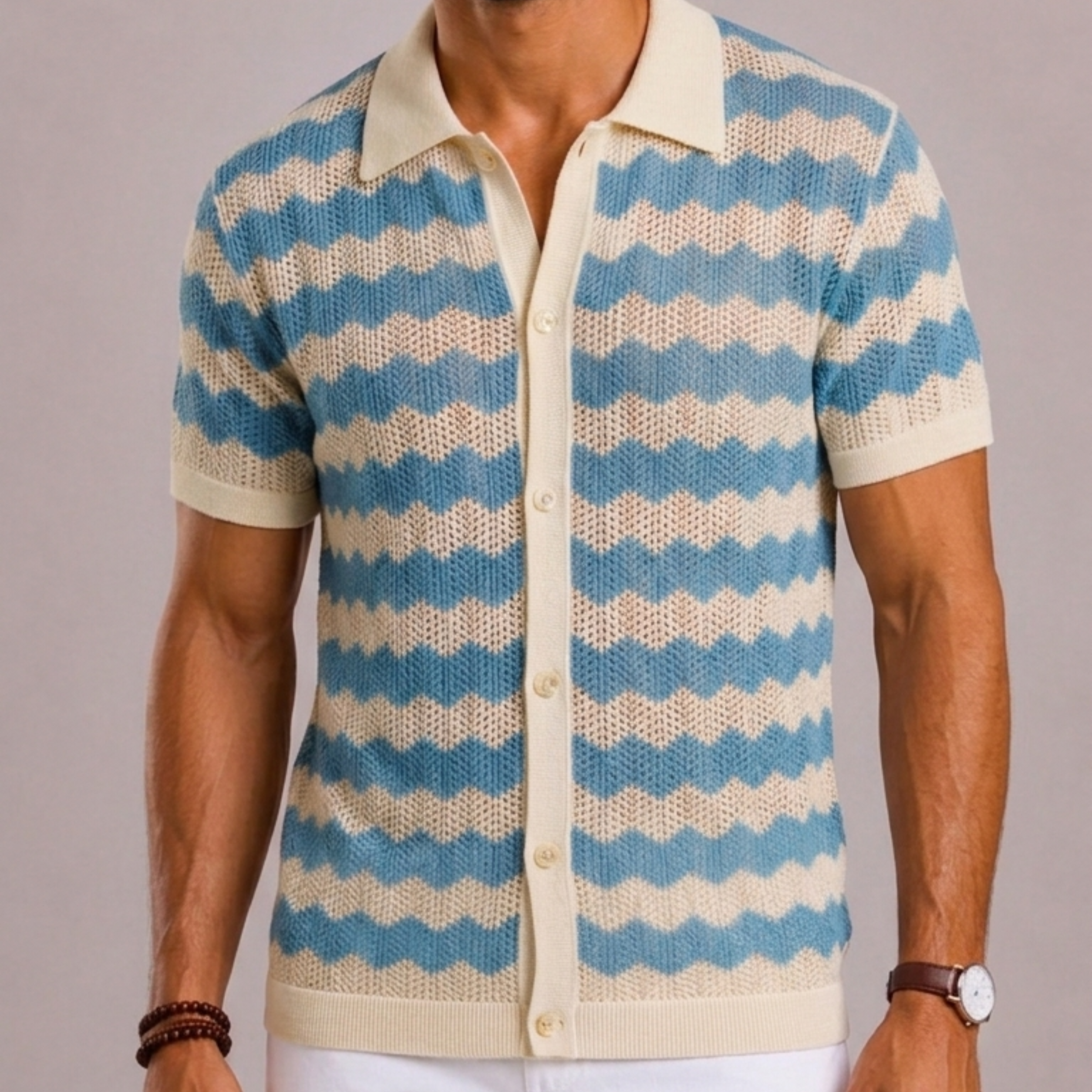 Polo In Maglia Traforata A Righe Verticali Con Colletto Revers
